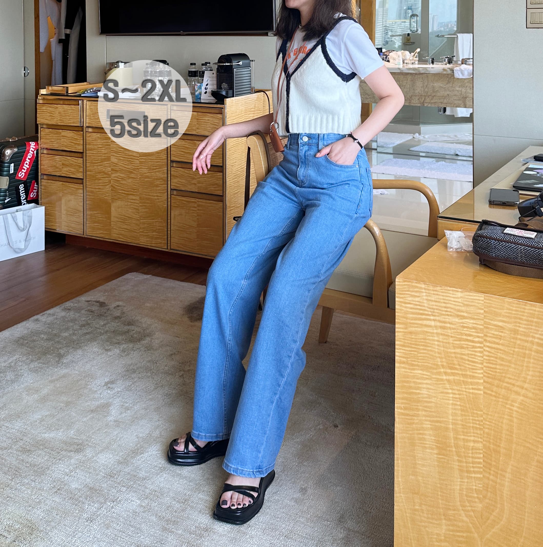 [S~2XL 5size/4계절용] 탄탄텐션 일자 와이드핏 히든밴딩 여성 청바지 연청
