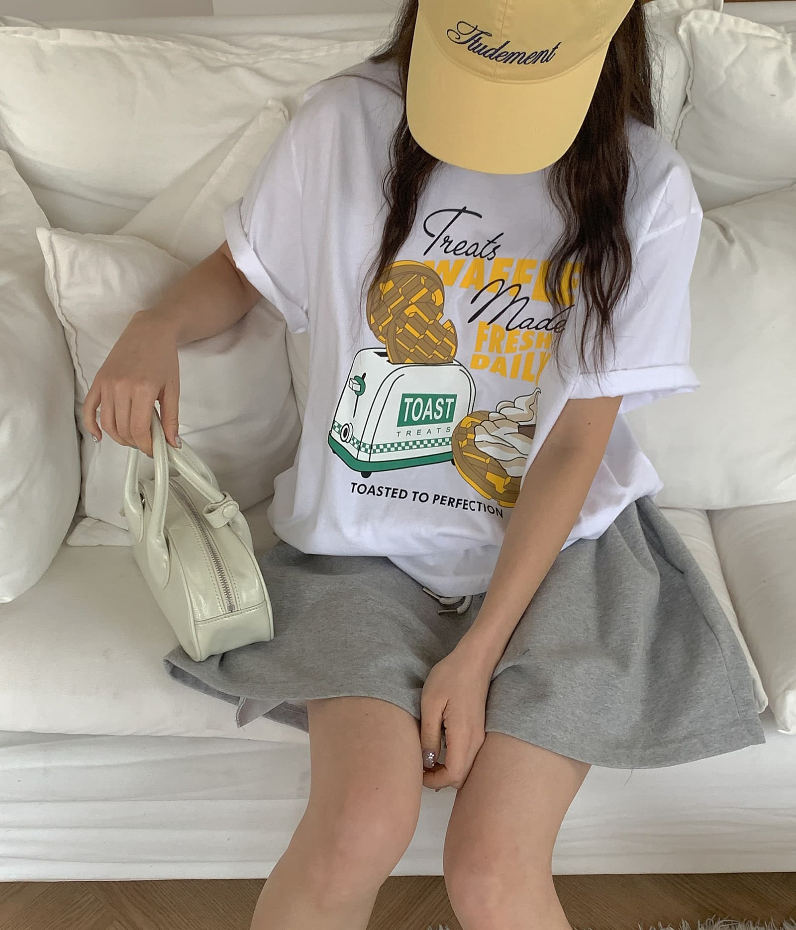 와플 프린팅 박시 오버핏 여자 반팔티 여성 면라운드 티셔츠 2color