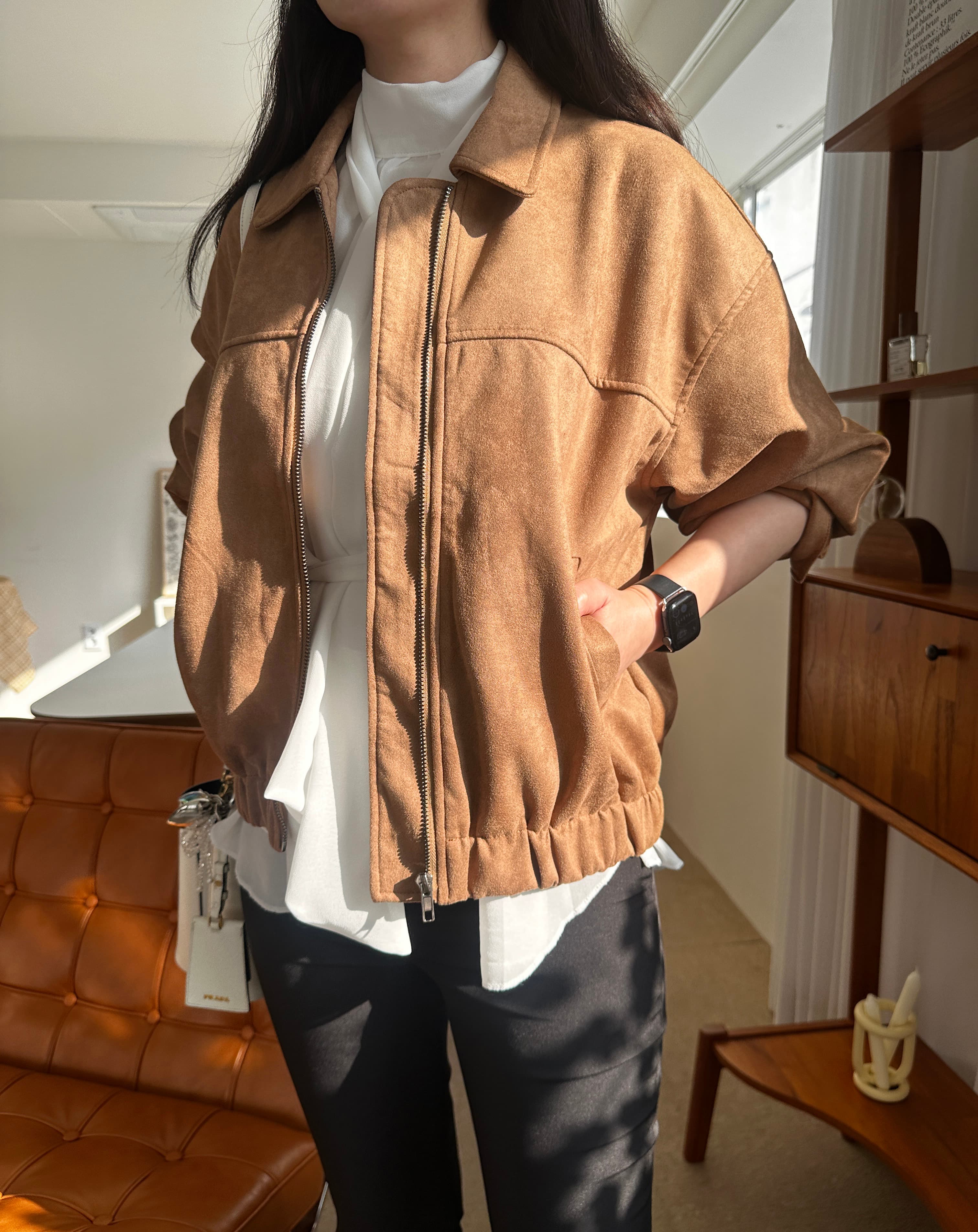 블루종 점퍼 봄가을 카라 스웨이드자켓 카멜 블랙 집업 아우터 hover