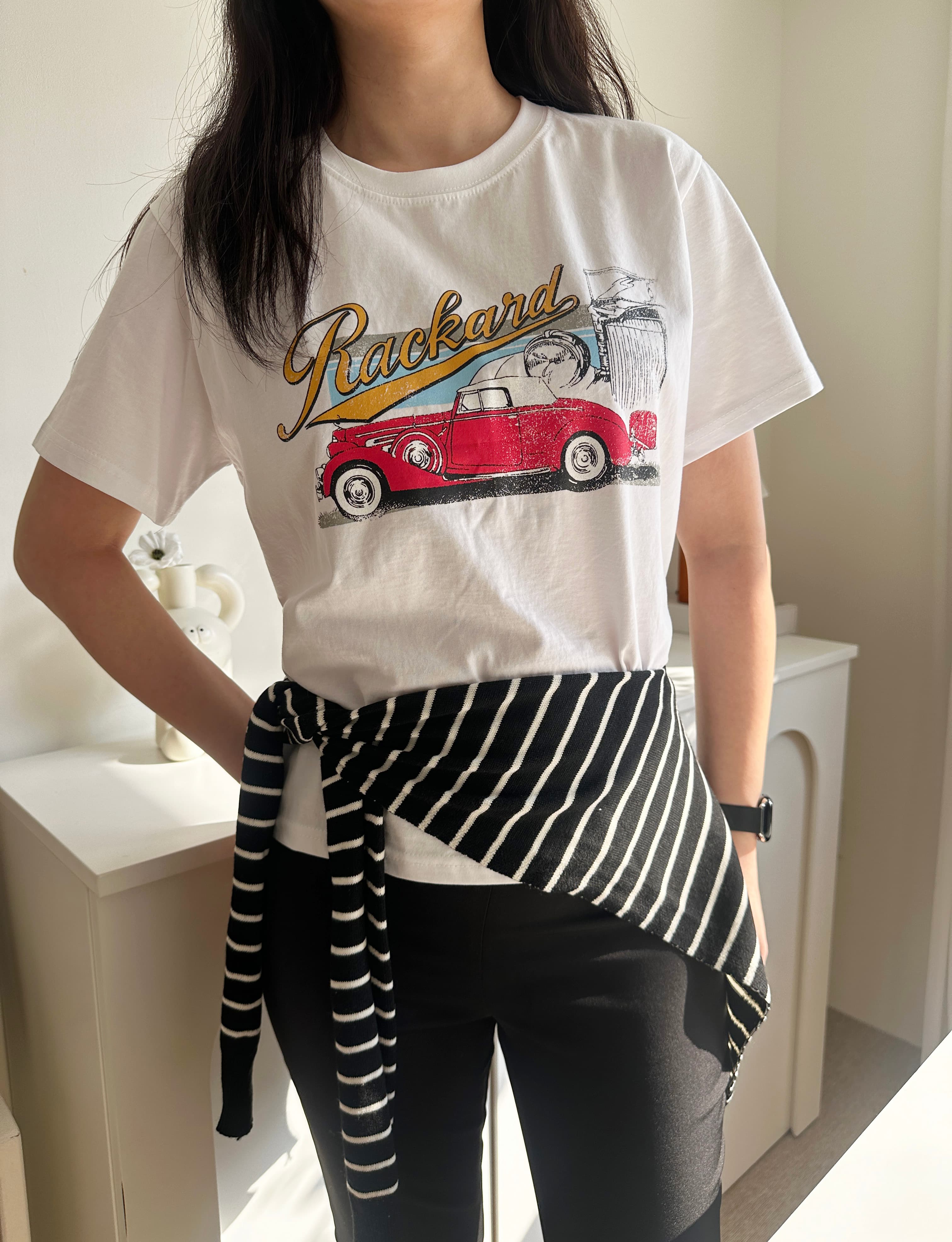 [고밀도면 국내생산] 빈티지 프린팅 여성 반팔 티셔츠 여유핏 라운드넥 화이트 그레이티